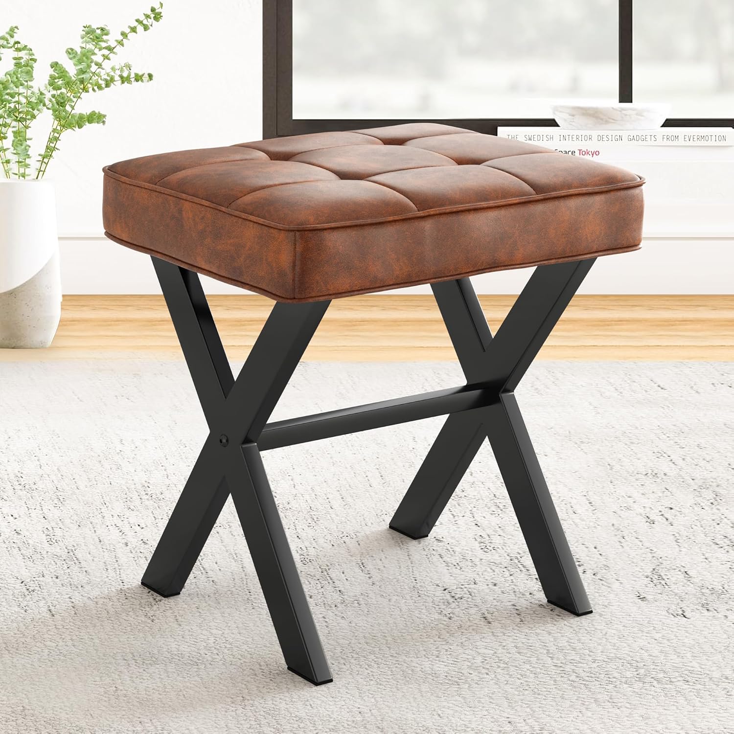 Vanity Stool, Square Linen Makeup Stool with Metal X Legs, Small Ottoman Stool Chair for Vanity, Modern Padded Vanity Seat Foot Rest Stool for Makeup Room, Living Room, Bathroom, Carbon Gray