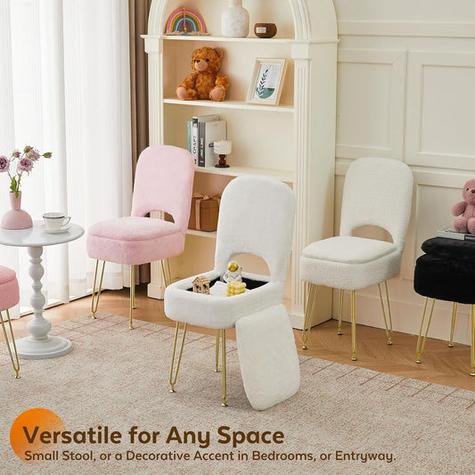 Vanity Chair with Storage and Folding Back, Faux Fur Square Storage Chair, Vanity Stool Chair with 4 Metal Legs for Bedroom, Living Room and Makeup Stations, 13.4"x 15"x 30", White